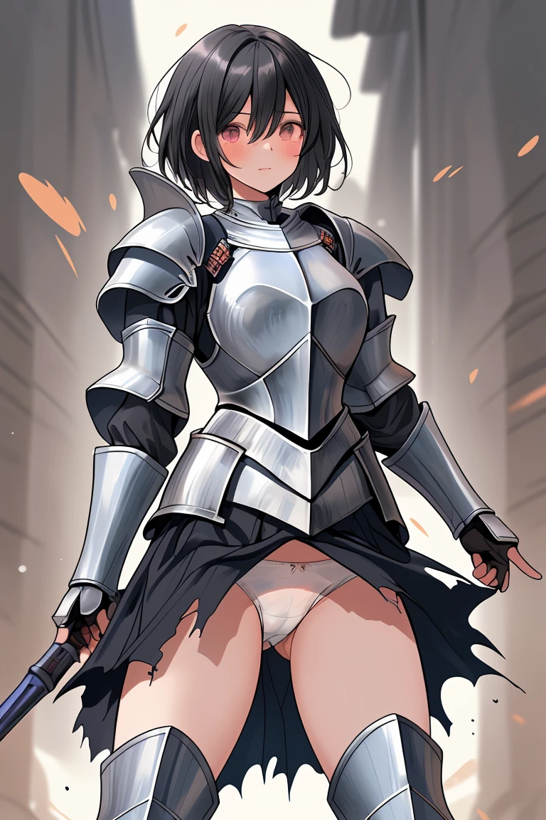 female knight　Black Hair　armor　Torn Skirt　White underwear　battlefield　Wounds on the thighs