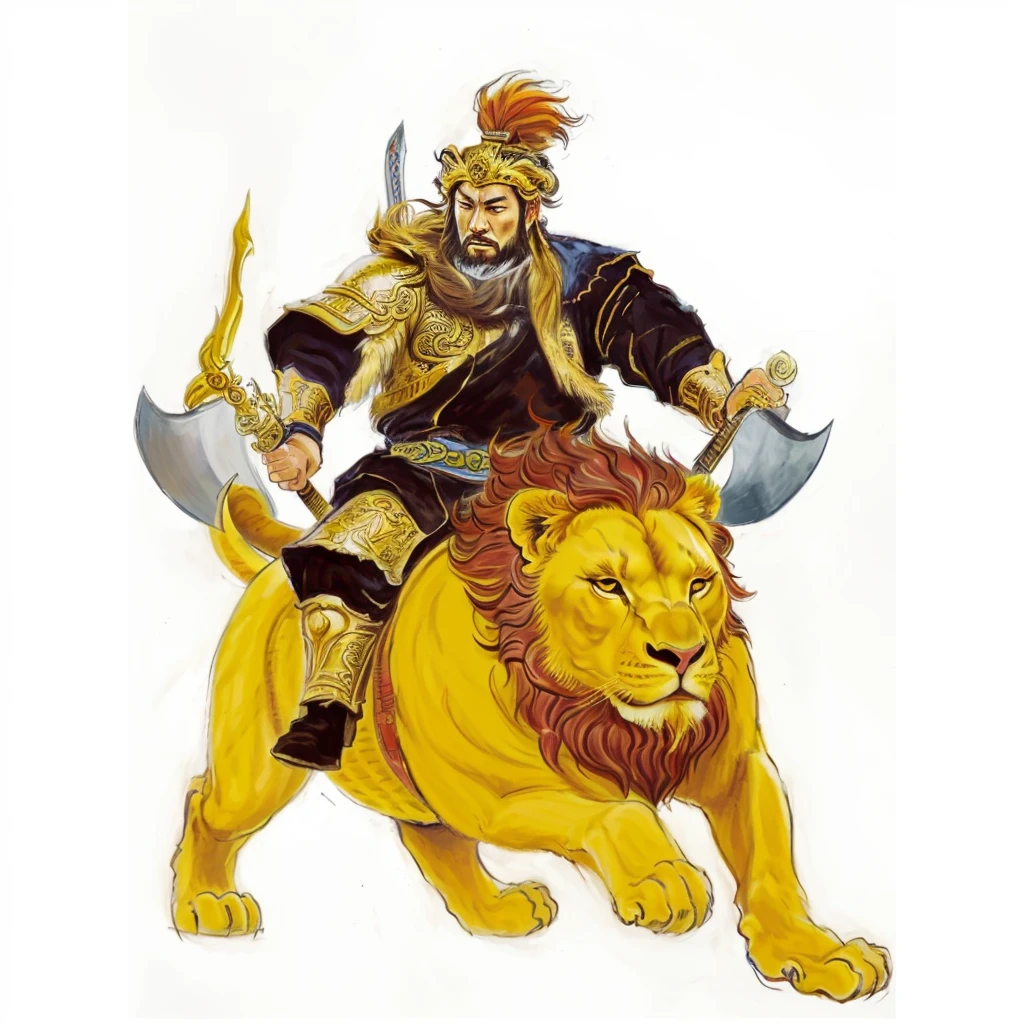 arafed drawing of a man riding a lion with a sword, the man riding is on the lion, lion warrior, inspired by Tawaraya Sōtatsu, sun wukong, full color illustration, asura from chinese myth, by Kanō Tan'yū, traditional japanese concept art, inspired by Li Kan, monkey king