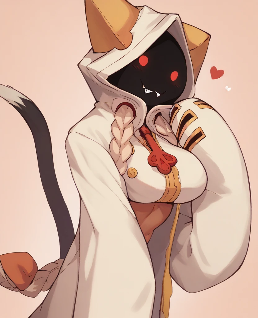 score_9, score_8_up, score_7_up, score_6_up, score_5_up, score_4_up, source_furry, taokaka, animal humanoid, cat humanoid, felid, felid humanoid, feline, feline humanoid, humanoid, kaka \(blazblue\), mammal, mammal humanoid, accessory, big breasts, black body, black fur, black skin, blonde hair, bow \(feature\), bow accessory, bow ribbon, braided hair, breasts, clothed, clothing, empty eyes, fangs, female, fur, furgonomics, hair, hair accessory, hair bow, hair ribbon, heart symbol, hood, hoodie, leaf, long hair, looking at viewer, nipple analogue, one eye closed, plant, red eyes, ribbons, shadow face, sharp teeth, smile, solo, standing, teeth, topwear, tree, white body, white fur, breasts attack, zipper, (simple face:1.2), 
