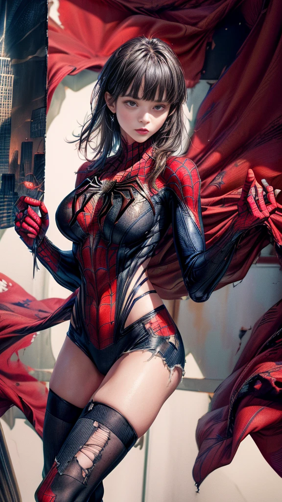 ((Cowboy Shot))、Mature Woman、(masterpiece, Highest quality), Intricate details, 8K, 1 Girl, Long Hair, Bowl Cut Hair,((blunt bangs))、 Black Hair,((Spiderman Suit)),Skyscraper, city, building,street,((Delicate painting)),(Detailed RAW photos of girls), (Pieces fly:1.25), (Highest quality:1.6), (Ultra-high resolution:1.5), (Photorealistic:1.75), 8K resolution, Canon EOS R5, 50mm, Confused, Very detailed,Cinema Lighting、(((Super big breasts)))、Leg spread、(I can see your abs)、((Separate suits))、Spider knee-high socks、Sexy pose、spiderman bikini、(((Ripped and tattered suit:1.1)))