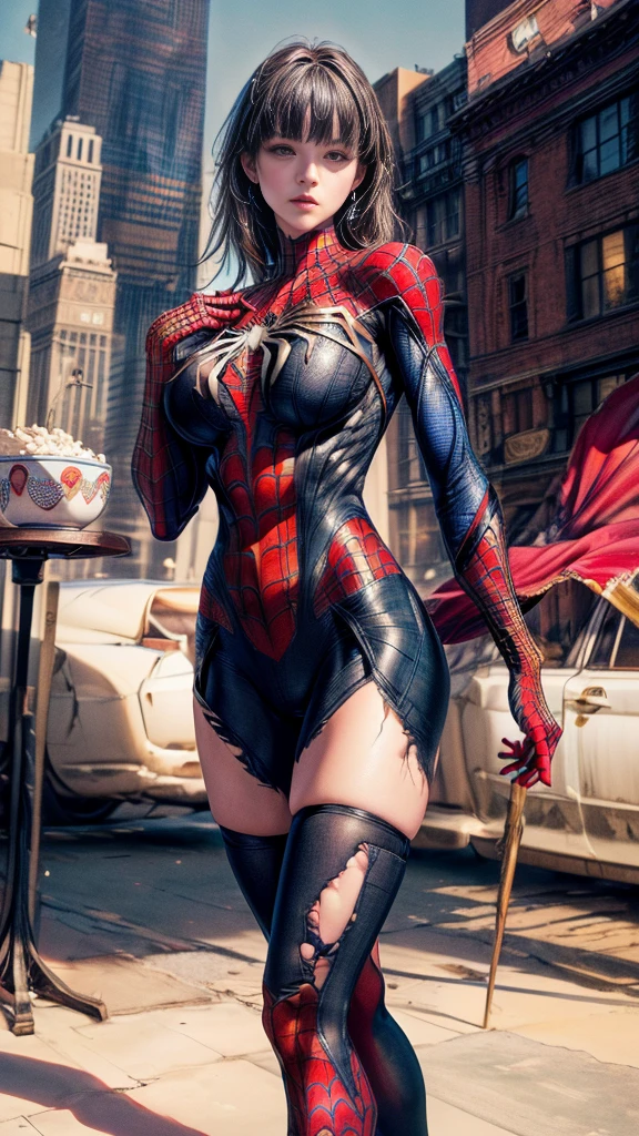 ((Cowboy Shot))、Mature Woman、(masterpiece, Highest quality), Intricate details, 8K, 1 Girl, Long Hair, Bowl Cut Hair,((blunt bangs))、 Black Hair,((Spiderman Suit)),Skyscraper, city, building,street,((Delicate painting)),(Detailed RAW photos of girls), (Pieces fly:1.25), (Highest quality:1.6), (Ultra-high resolution:1.5), (Photorealistic:1.75), 8K resolution, Canon EOS R5, 50mm, Confused, Very detailed,Cinema Lighting、(((Super big breasts)))、Leg spread、(I can see your abs)、((Separate suits))、Spider knee-high socks、Sexy pose、spiderman bikini、(((Ripped and tattered suit:1.1)))