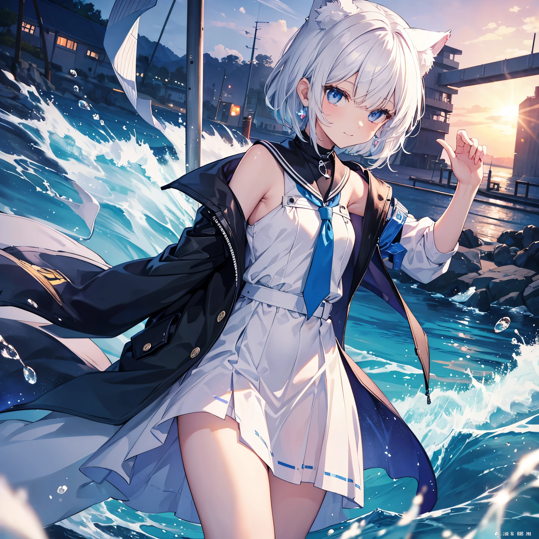 White Hair blue eyes short hair Have student Cat ear nice Blue Earrings necklace gloves beauty thin Sailor suit Put on a black coat Fantasy smile coastal sunset Fluffy hair