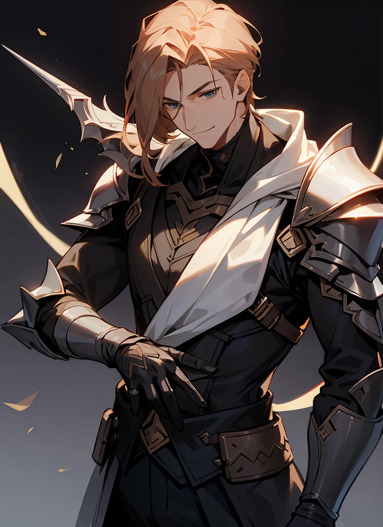 1 , handsome fashion hair,bronze hair highlightwhite, fanstasy, smile face, male ,fantasy, reaper, hunter with blackshortsword, villian face, black armor , darkness wolrd, bad