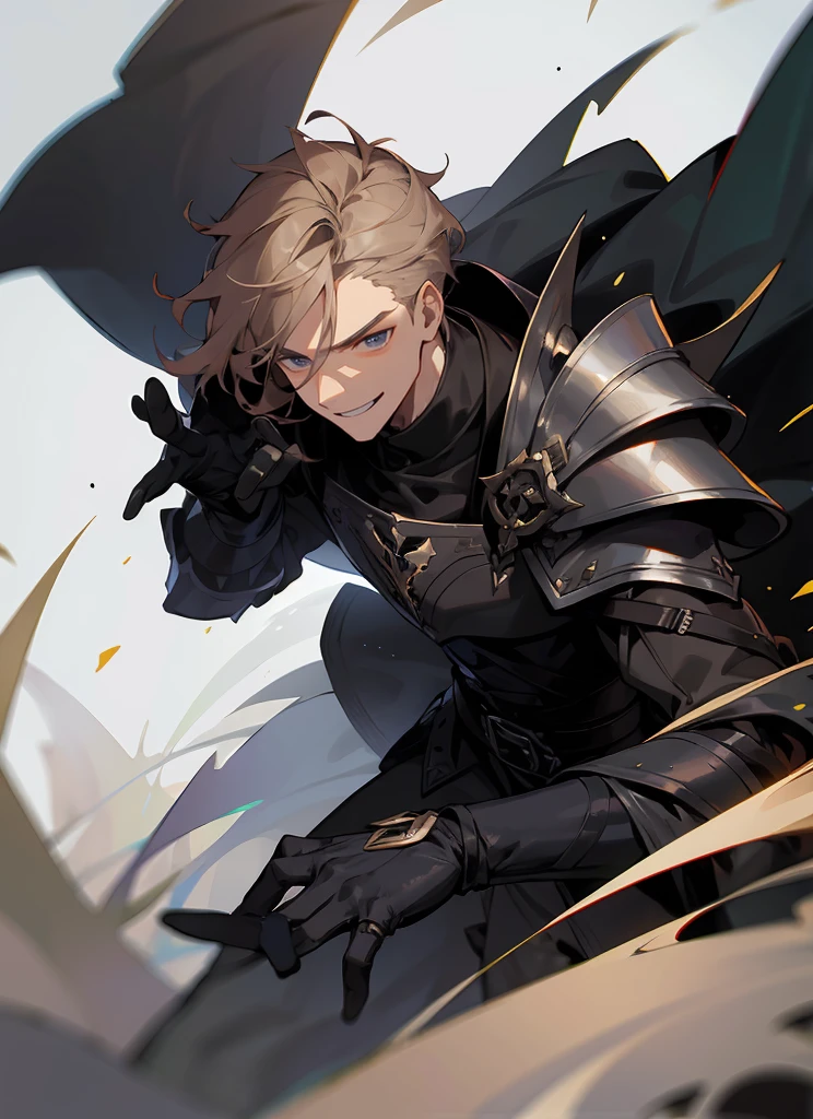 1 , handsome fashion hair,bronze hair highlightwhite, fanstasy, smile face, male ,fantasy, reaper, hunter with blackshortsword, villian face, black armor , darkness wolrd, bad