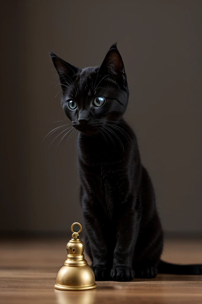 Beautiful black curiosity kitten with a bell in its ears