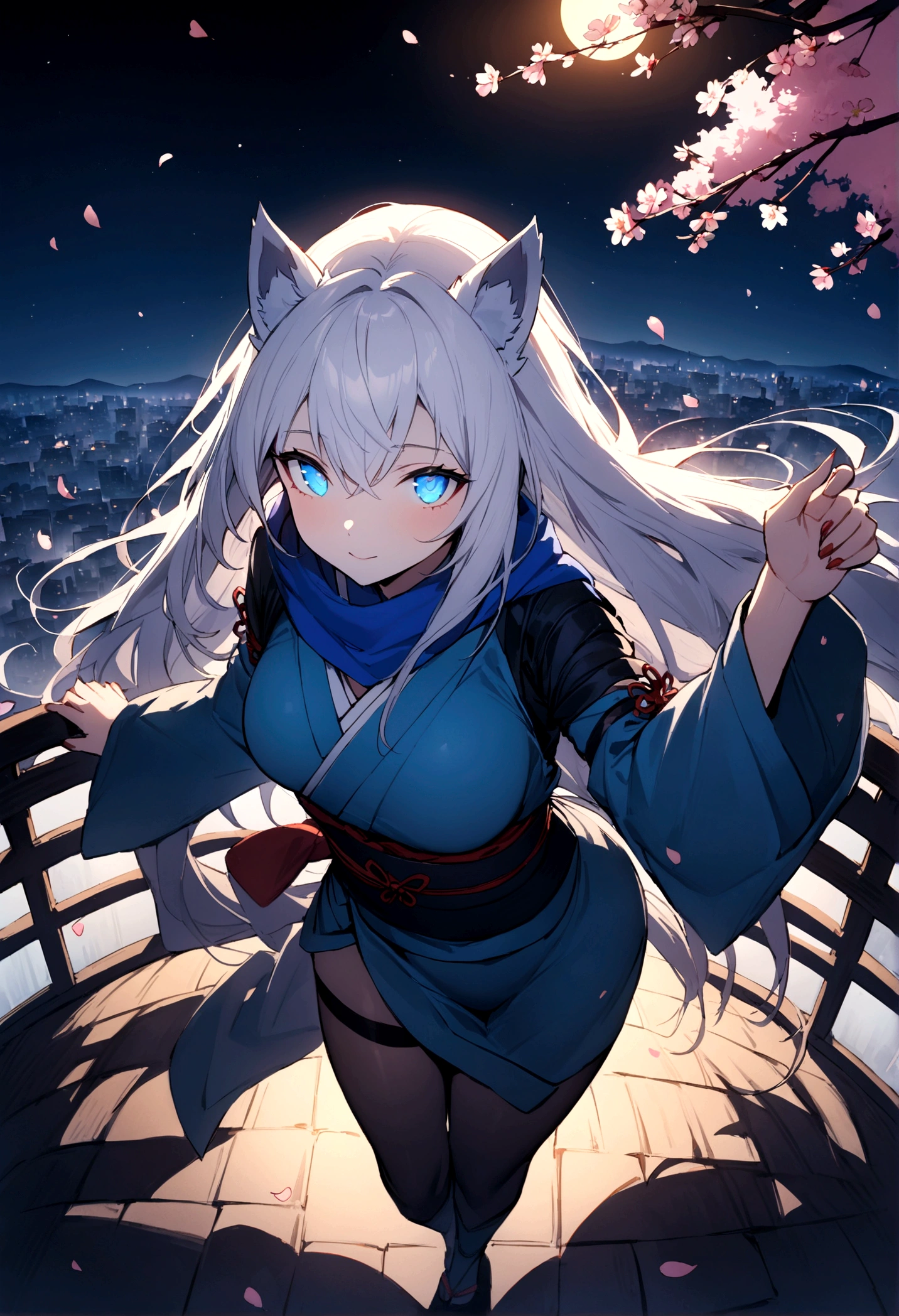 A magnificent view of the city from the treetops、(masterpiece, best quality:1.2), 1girl, 独奏,Wolf girl, fox mask, ninja, girl, long white hair, odd eyes, blue kimono, ninja girl, red and blue scarf,Dancing Cherry Blossoms,Full moon backlighting, light coming in, fantastic atmosphere.night、Shadows of light and darkness、Eyes glowing in the dark、Black fox mask、Fisheye Lens、Expansive starry sky、long hair that spreads、Overlooking the city from atop a large cherry tree、Aside exposure