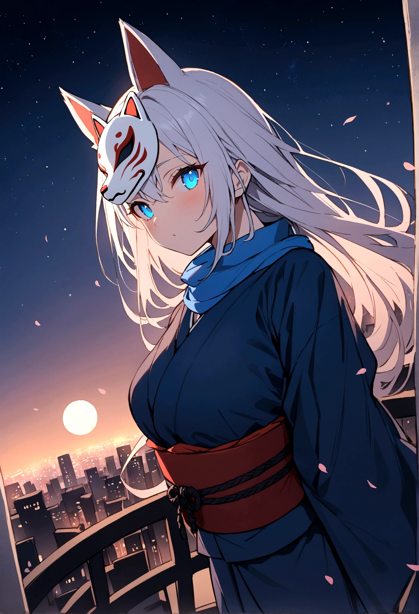 A magnificent view of the city from the treetops、(masterpiece, best quality:1.2), 1girl, 独奏,Wolf girl, fox mask, ninja, girl, long white hair, odd eyes, blue kimono, ninja girl, red and blue scarf,Dancing Cherry Blossoms,Full moon backlighting, light coming in, fantastic atmosphere.night、Shadows of light and darkness、Eyes glowing in the dark、Black fox mask、Fisheye Lens、Expansive starry sky、long hair that spreads、Overlooking the city from atop a large cherry tree、Aside exposure