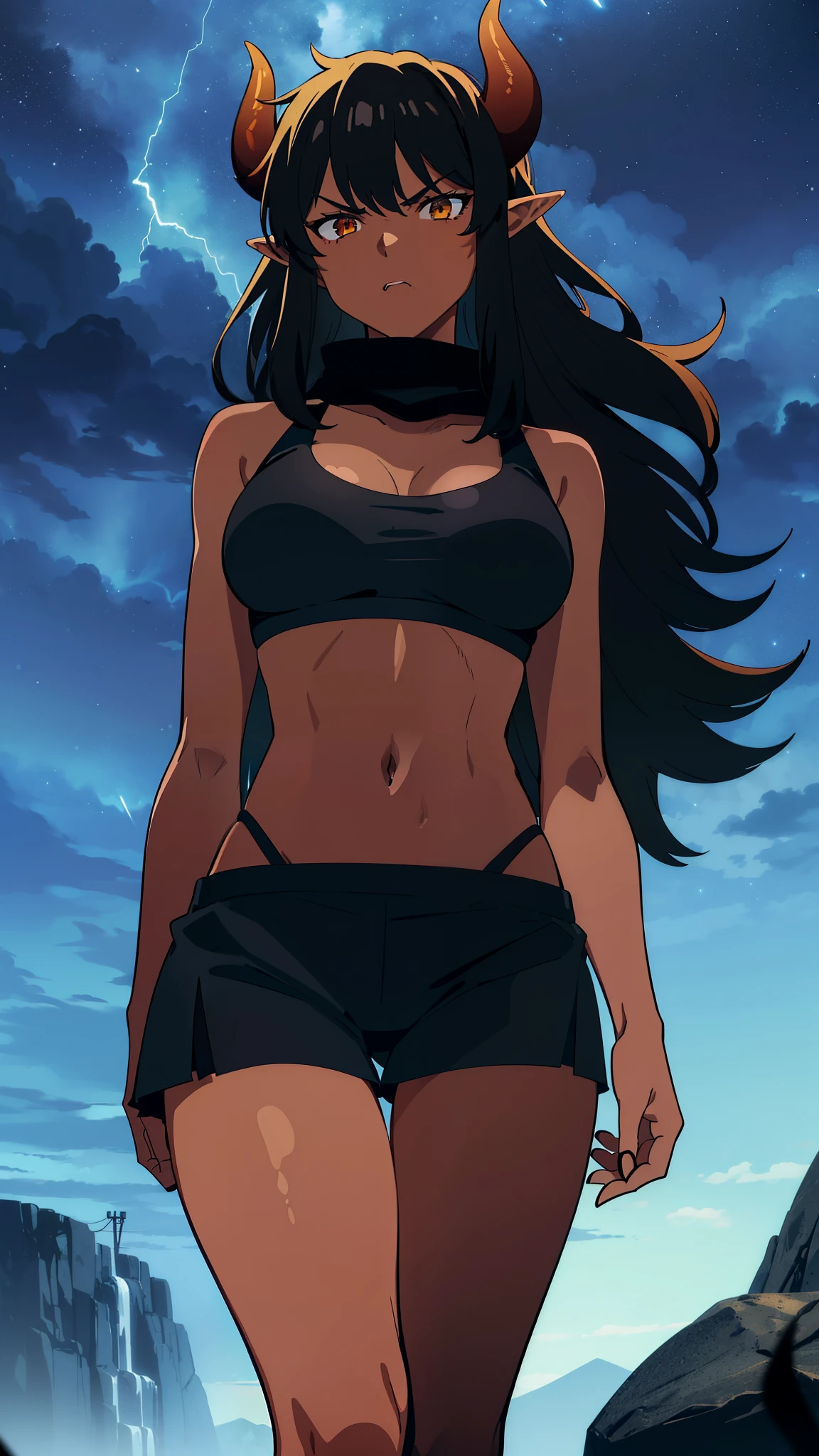 ((1girl,solo,mature female,tall)),big breasts,long hair, black hair,serious,horns,elf ears,black scarf,(dark skin),((midriff,black sports bra,neck fur)),(walking,night sky,night,thunder,lightnings,thunder clouds),from below,