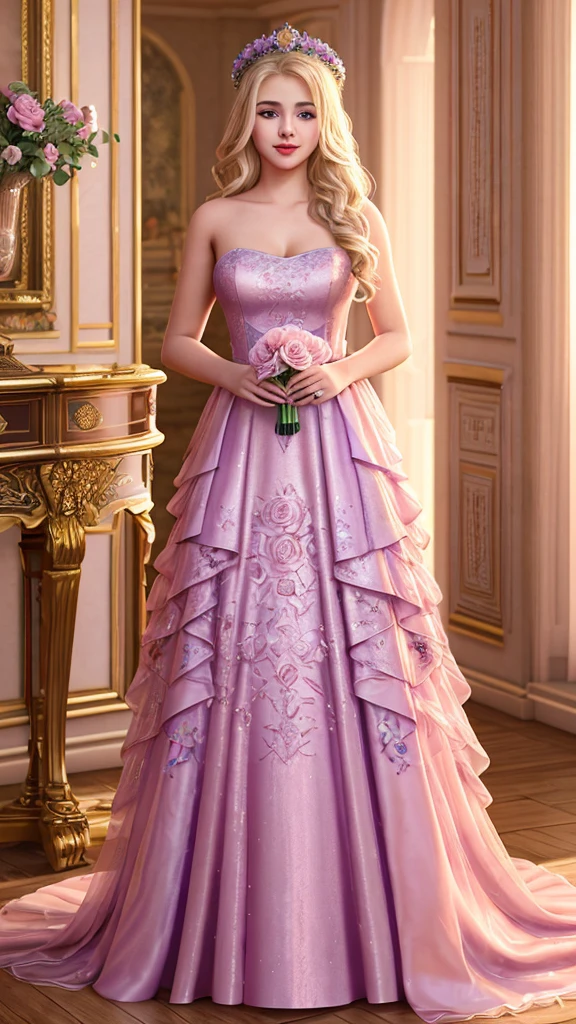 A blonde teenage girl wearing a red rose crown, pretty eyes, pretty lips, pretty face, dressed in a gorgeous floral and lavender evening gown, stood at the banquet.,very realistic,beyond imagination,3D,18k HD,full body, ultra fine details.