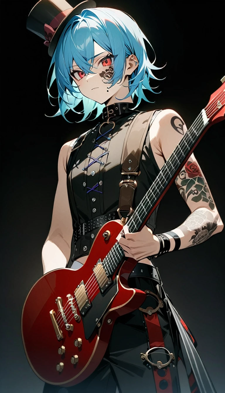 (((masterpiece,Highest quality))),((A male anime character with short blue hair, red eyes, and a tattooed upper arm wearing a visual kei outfit, holding a guitar)),((Steampunk-style electric guitar)),((Steampunk-style electric guitarを持って立っている)),(((Small top hat,Tattoo on the right side of the face))),(((Black Background))),Focus on the whole body,(high quality),アニメ