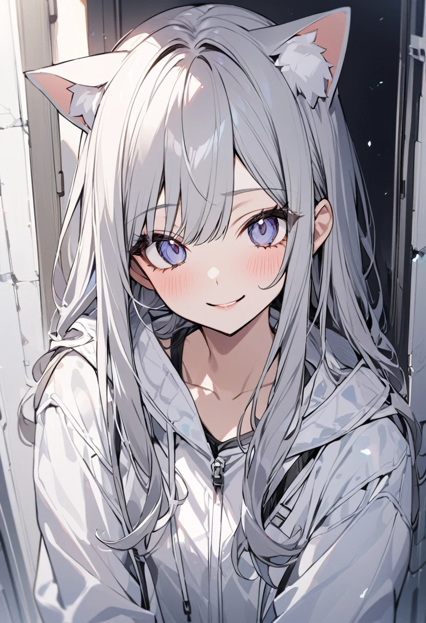 (masterpiece)), ((Very detailed)), (andてもアクティブでクール), woman, alone, Cute attitude,((Jacket)),womanはandても(smile)and(Cat ear)exterior, Gray Hair,background(Pure white wall),Long Hair、ゲーマー見たいなexterior,The clothes are see-through、Place one'In one hand'pocket、Jacketを着ている、Wearing a hood、anime painting