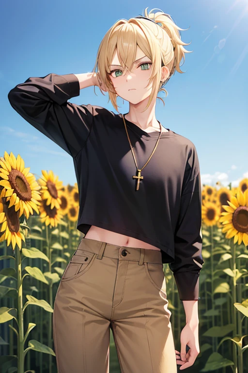 Anime boy, neutral expression, with blonde hair tied up in short ponytail, green eyes, black T-shirt, blue jeans, gold cross necklace, standing in a tall sunflower field