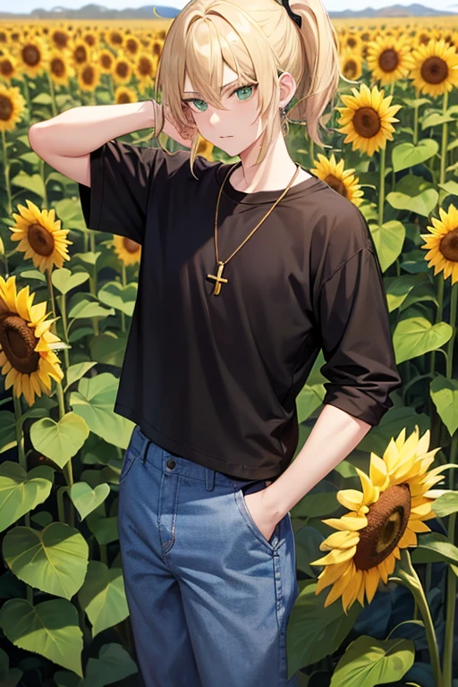 Anime boy, neutral expression, with blonde hair tied up in short ponytail, green eyes, black T-shirt, blue jeans, gold cross necklace, standing in a tall sunflower field