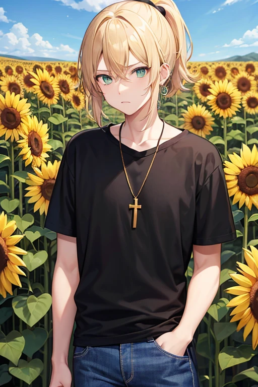 Anime boy, neutral expression, with blonde hair tied up in short ponytail, green eyes, black T-shirt, blue jeans, gold cross necklace, standing in a tall sunflower field