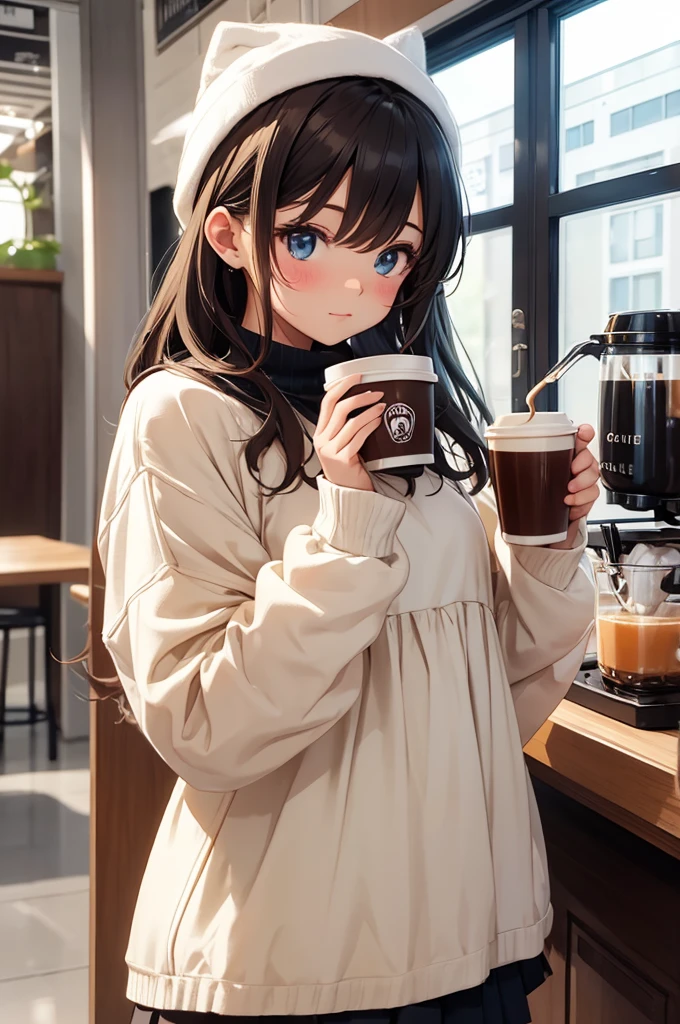 a cute girl in cute oversized outfit give cute aesthetic pose with cup of coffee