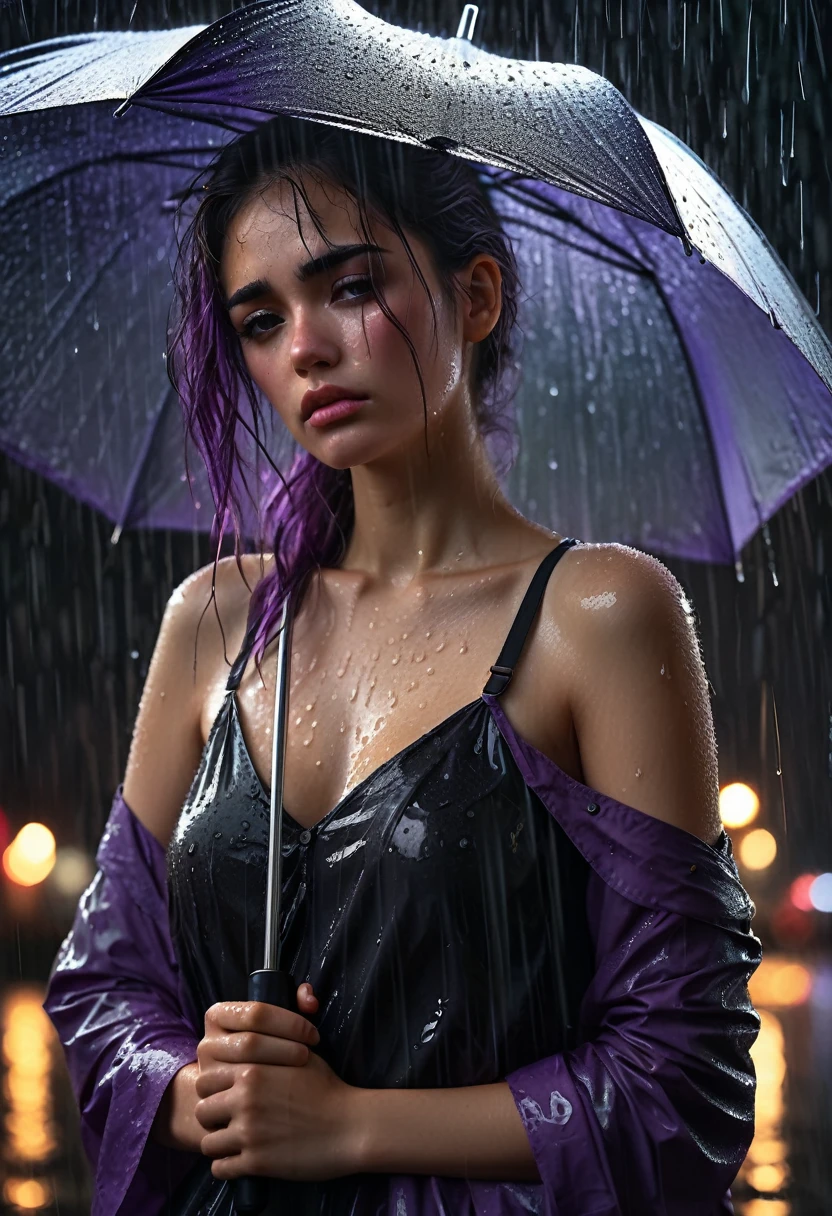 a tall girl in sad expression under the umbrella, hard rain, dirty-ragged clothes, tears, stand pose, high pose,  purple ribbon in her hair, dark night background, black umbrella, extremely detailed, epic digital photo art, artgerm, 8k, epic realism, heavy shower-rain, splash effect, light effect, dramatic effect, ground camera view