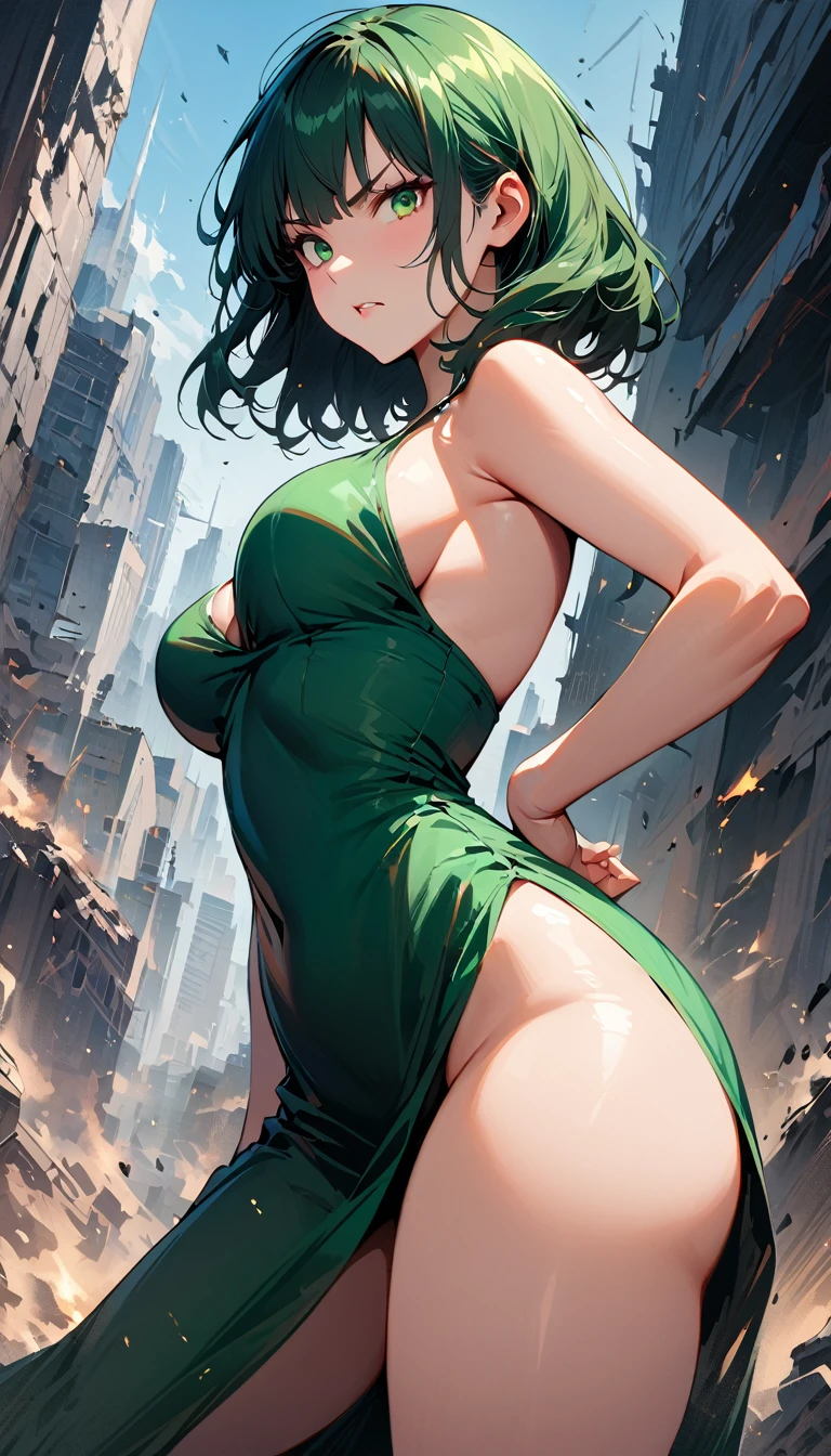(high quality, 8k, 4K, high contrast, artwork:1.2, high quality, best aesthetics), (dynamic angle), ((1 woman)), (erotic and sensual), (mature and sexy body), (perfect detailed face, eyes and mouths), (perfect detailed hands), (perfect medium breasts), (perfect wide thighs), (short wavy dark green hair), (dark green eyes), (serious facial expression), (long green dress with exposed thighs), (standing in an upright and centered posture), (battle stance), (city in destruction in the background), (looking at the viewer).