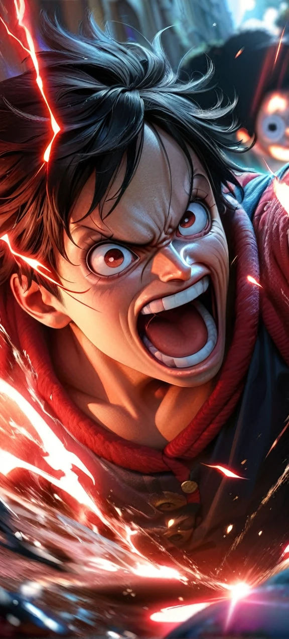  High quality, ultra realistic,absurdres, highres, ultra detailed, HDR, masterpiece, extremely detailed face and eyes,  Luffy , One Piece,, Black hair ,, solo, ,man, handsome, ,, Epic fight scene, red splashing effect,red lightning  effect,glowing glitters , 