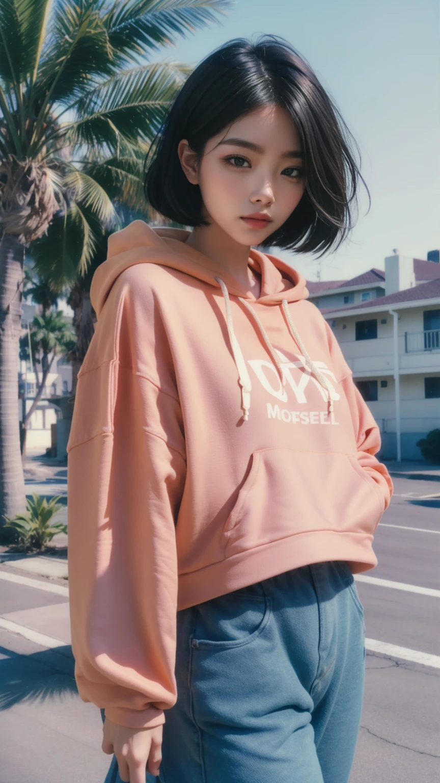 8K, 1girl, UHD,beautiful, black bob hairstlye, ((orange oversize hoodie)), oversize_shirt, sweatpants, Evening light,，Taking a walk，purple slacks, look at viewer, (((80's architecture colorful motel))) ,perfect beautiful face,perfect nose,perfect eyes, perfect lips kodak gold 200 fisheye-8mmlens-v2exp ,25 yo cute korean, ((busty perfect body)) perfect face, 35mm film,palm trees, blue sky, sunny summer, los angles vibes (photorealistic:1.2), (ultra realistic:1.3), (very detailed:1.1), ((masterpiece))