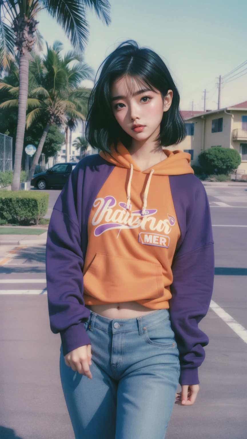 8K, 1girl, UHD,beautiful, black bob hairstlye, ((orange oversize hoodie)), oversize_shirt, sweatpants, Evening light,,Taking a walk,purple slacks, look at viewer, (((80's architecture colorful motel))) ,perfect beautiful face,perfect nose,perfect eyes, perfect lips kodak gold 200 fisheye-8mmlens-v2exp ,25 yo cute korean, ((busty perfect body)) perfect face, 35mm film,palm trees, blue sky, sunny summer, los angles vibes (photorealistic:1.2), (ultra realistic:1.3), (very detailed:1.1), ((masterpiece))