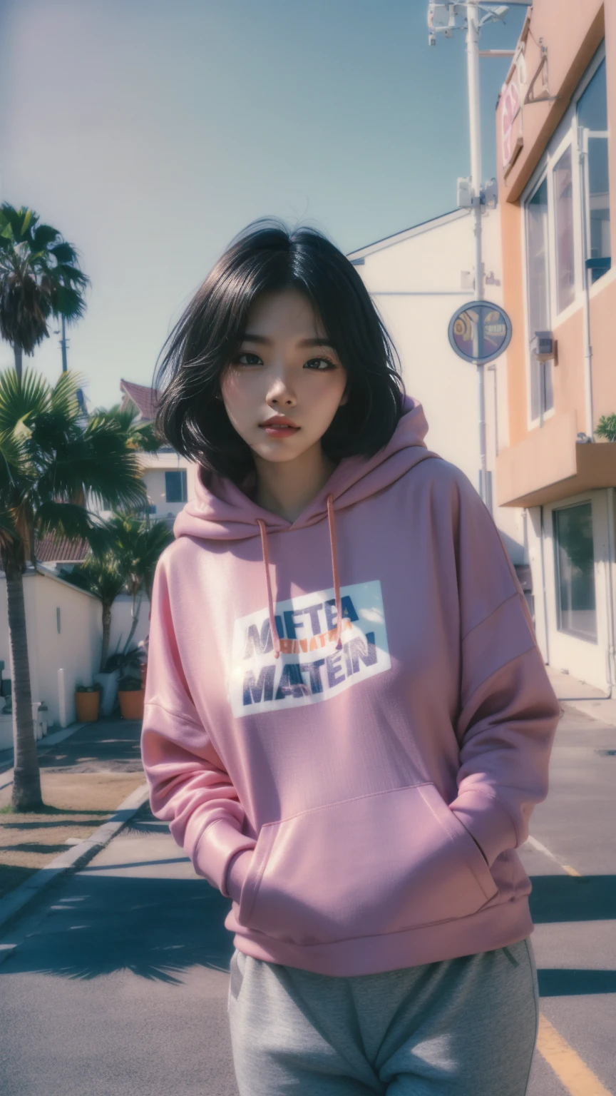 8K, 1girl, UHD,beautiful, black bob hairstlye, ((orange oversize hoodie)), oversize_shirt, sweatpants, Evening light,，Taking a walk，purple slacks, look at viewer, (((80's architecture colorful motel))) ,perfect beautiful face,perfect nose,perfect eyes, perfect lips kodak gold 200 fisheye-8mmlens-v2exp ,25 yo cute korean, ((busty perfect body)) perfect face, 35mm film,palm trees, blue sky, sunny summer, los angles vibes (photorealistic:1.2), (ultra realistic:1.3), (very detailed:1.1), ((masterpiece))