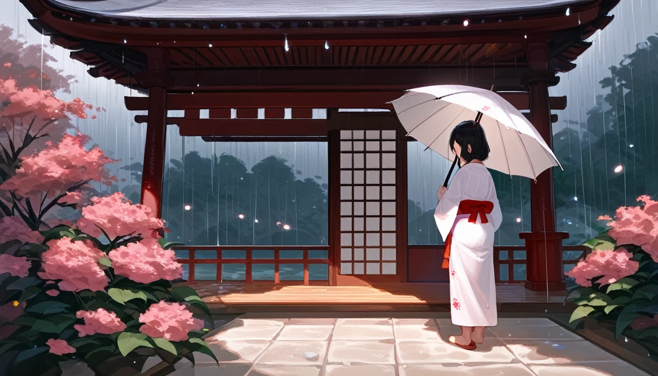 score_9, score_8_up, score_7_up, source_anime, detailed, 8k, cinematic angle, rating safe, wide shot, A woman in kimono holding an umbrella stands in a Japanese garden in the rain.