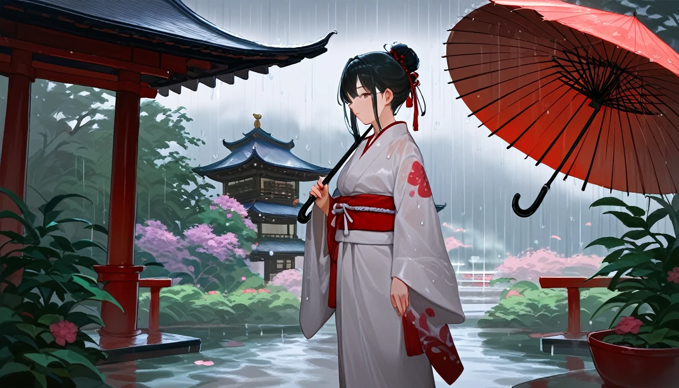 score_9, score_8_up, score_7_up, source_anime, detailed, 8k, cinematic angle, rating safe, wide shot, A woman in kimono holding an umbrella stands in a Japanese garden in the rain. 