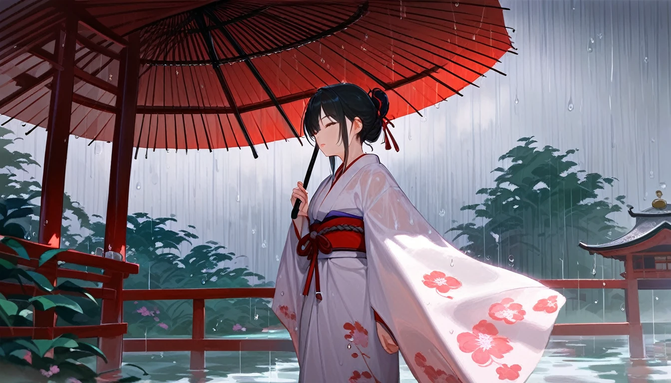 score_9, score_8_up, score_7_up, source_anime, detailed, 8k, cinematic angle, rating safe, wide shot, A woman in kimono holding an umbrella stands in a Japanese garden in the rain.