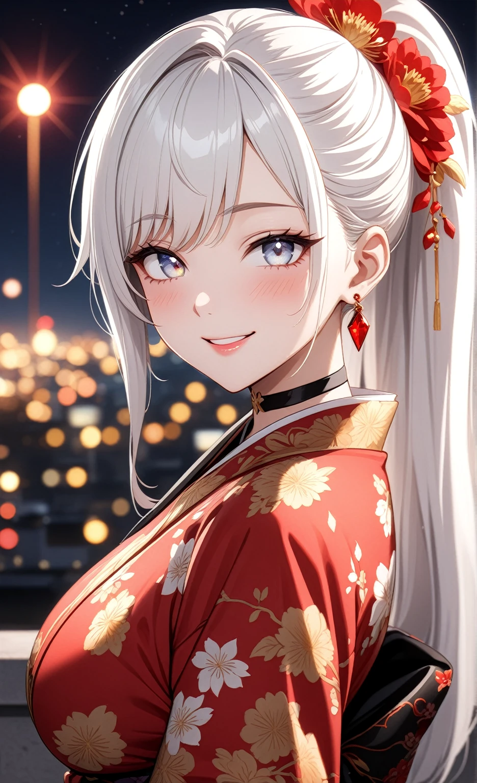 ((One personの女性)), Beautiful Face, (smile shyly), (Laughing embarrassedly), ((Wink:1.9)), Laugh with your mouth wide open,((Bright red cheeks:1.4)),Shiny red lips,night, rooftop, firework, Glossy pink lips,Facial lighting,((Anime style background)),masterpiece, Highest quality, so beautiful,up to date, Complex details, (Pink long nails), (ring),(bracelet),(choker),AI-generated, Complex,High resolution, Highest quality, super high quality,3D Images、3D Images, looking at viewer, One person,Long white hair,High Ponytail,(blue eyes),Anime woman posing for a photo, ((Fine grain、Silvery white colorful eyes、Shining Eyes:1.3)),(Squint your eyes:1.1),a hyperRealistic , hyperRealistic , Realistic,Anime woman with long white hair, Smooth anime CG art, A woman in a colorful kimono with gold embroidery, (Black long sleeve kimono),Red floral pattern,Long flower hair ornament,Earrings,Mature Body,(Big Breasts:1.1),Tall,Abdominal muscles,Narrow waist,(Zoom up to face), ((looking back)),