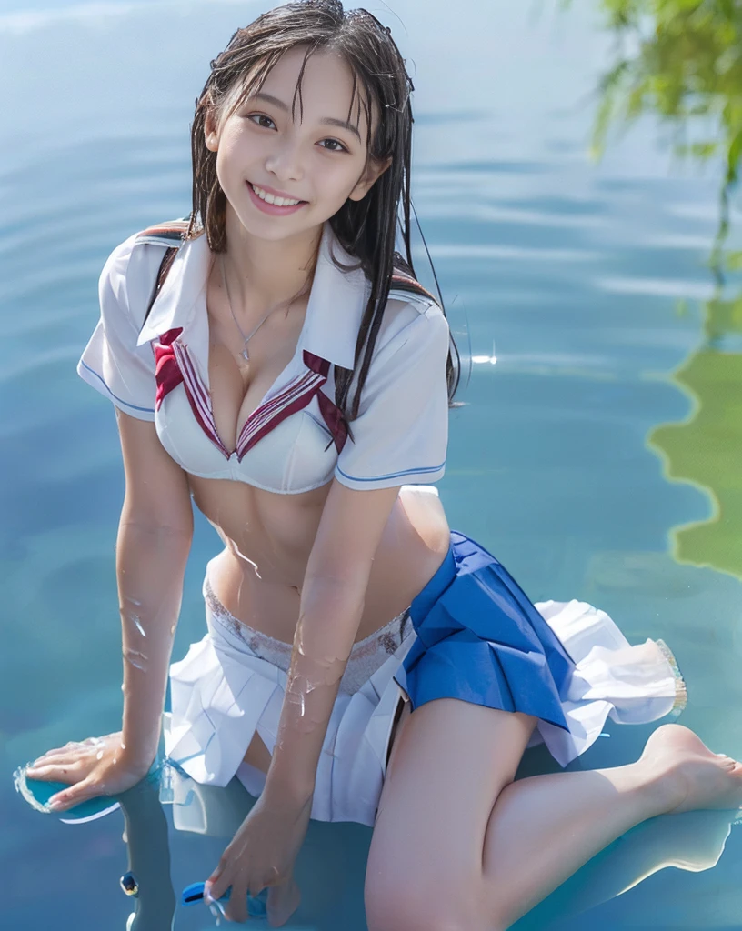 (NFSW)、(High resolution:1.5)、Highest quality,Very detailed,masterpiece,Super detailed,alone,(One  girl with big boobs),((Summer School Uniforms:1.5)),((Cute pose in the marine blue sea))、 Seraphim, ((skirt:1.5)),  smile, Thigh fetish images: 1.5、(((barefoot)))、(Her thighs and white bikini reflected in the clear blue water)、(reflected in water:1.5)、((I can see her white panties:1.5))、(Cleavage)、((Clear blue seawater))、Summer sun、はしゃいだsmile、Beautiful Eyes、(pull-out-panties)、(Panties on knees)、Big necklace and tiara、The water is marine blue、(((Glossy thighs)))、(((pull-out-panties)))