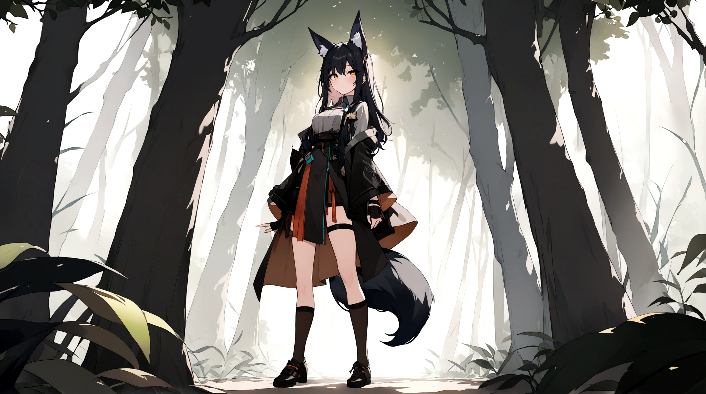 (1girl, Masterpiece, best quality) (detailed and beautiful eyes:1.6) (perfect hands, perfect anatomy) ((full body)) ((Adult)) fox-girl Misaki has ((short black hair styled in a slightly tousled manner and her fox ears are perked up attentively.)) (She wears a black leather coat and cloak adorned) Her outfit includes a (high-collared adventurer medium dress with red accents and leather straps, emphasizing a combination of practicality) and elegance. She has a black fluffy fox tail. She has a black over-to-knee socks. Misaki's orange eyes exude a sense of mystery and confidence. Light filtering through the leaves create a serene yet enigmatic atmosphere. Her standing positon showcases her strength, adultness and readiness for battle.
