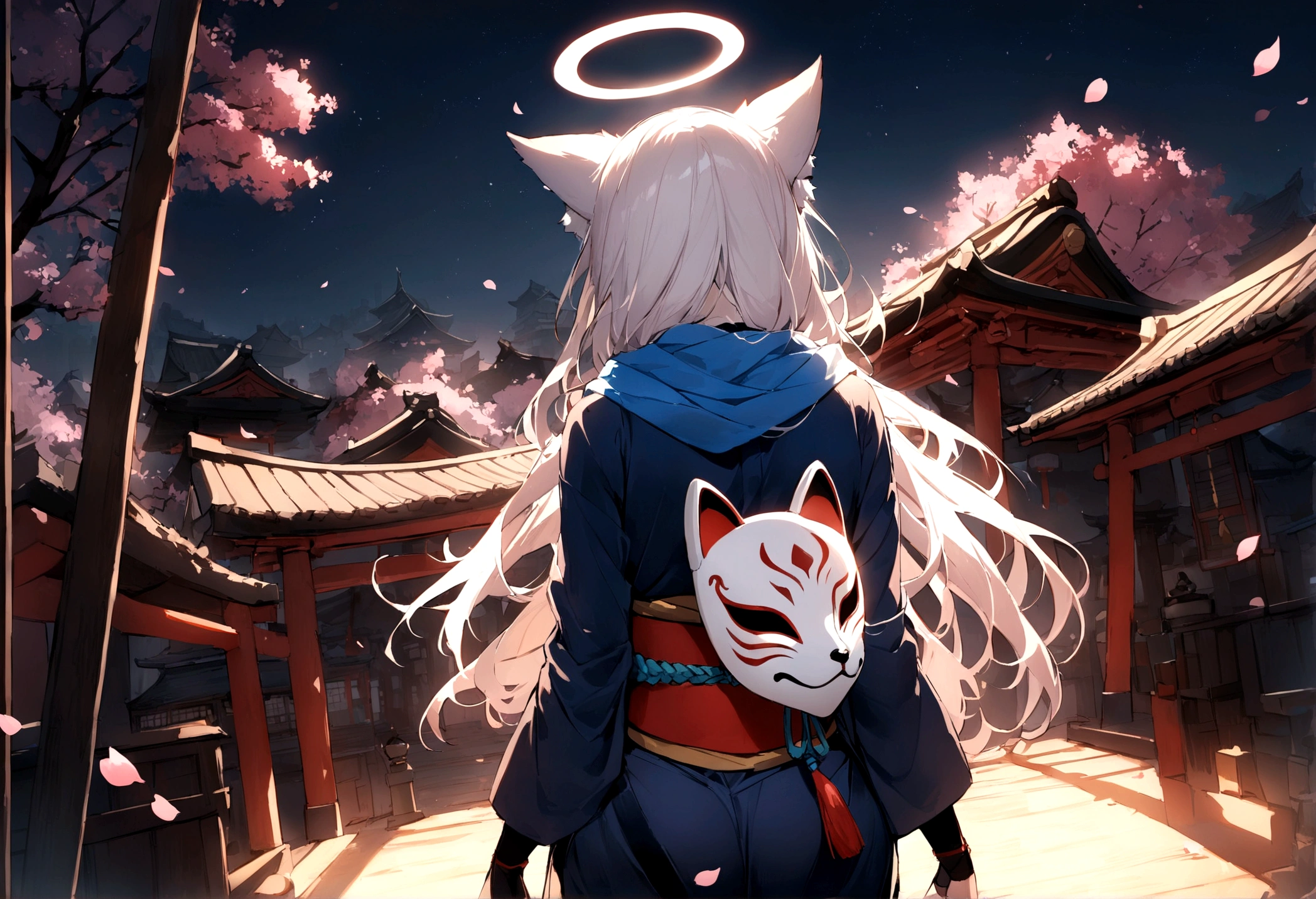 Back view、Halo、shrine、(masterpiece, best quality:1.2), 1girl, 独奏,Wolf girl, fox mask, ninja, girl, long white hair, odd eyes, blue kimono, ninja girl, red and blue scarf,Dancing Cherry Blossoms,Full moon backlighting, light coming in, fantastic atmosphere.night、Shadows of light and darkness、Eyes glowing in the dark、Black fox mask、Fisheye Lens、Expansive starry sky、long hair that spreads、Looking up from afar、Overlooking the city from atop a large cherry tree、