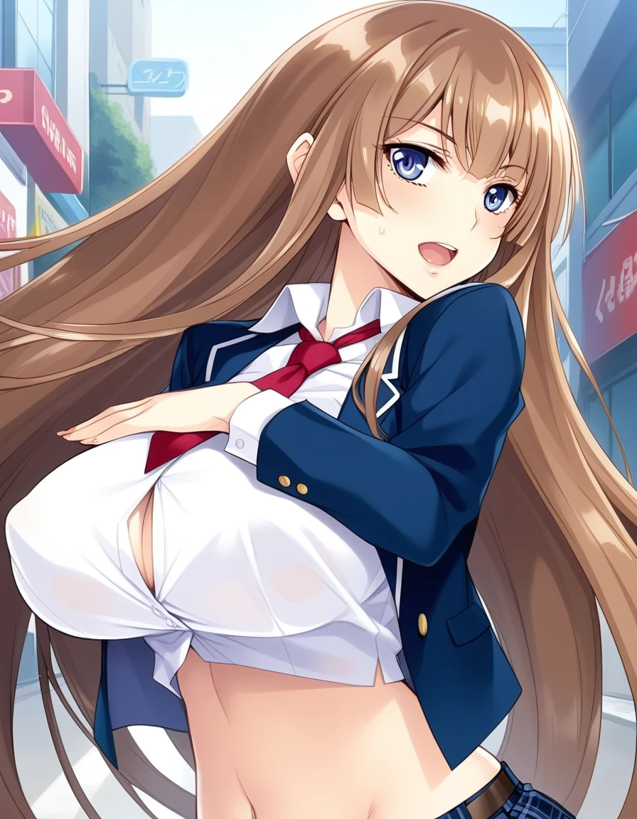 score_9, score_8_up, score_7_up, score_6_up, source_anime, anime screencap, beautiful detailed eyes, aoi_nagisa_\(metalder\), BREAK solo, 1girl, koukawa asuka, brown hair, long hair, blue eyes, bangs, side bangs, (huge breasts:0.8), medium body, BREAK school_uniform, blue jacket, underbust jacket, white collared blouse breasts, tight clothes, red long necktie, BREAK open mouth, model pose, outside, street, upper body,