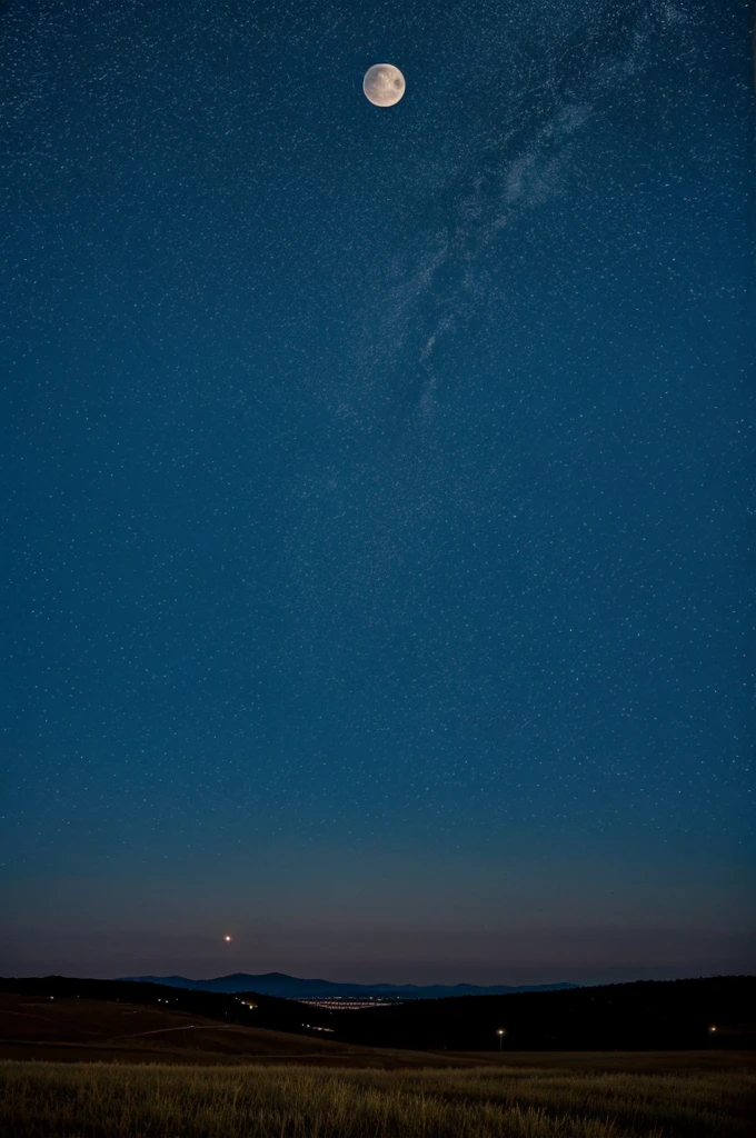 "A night scene with a bright full moon in the clear sky, twinkling stars and a calm horizon."