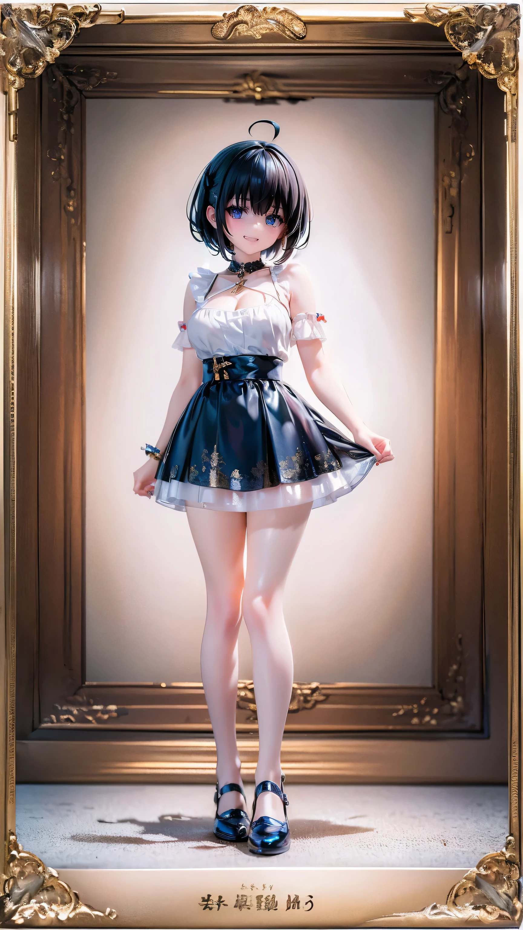 (8K、Highest quality、Highest quality、masterpiece)、Detailed face、One Girl、 Black Hair、short hair、、Blunt bangs、Grey Eyes、Wicked Smile、((Grin))、Small breasts、((White camisole))、((mini skirt))、Cowboy Shot、((I had already finished))、Back Alley Background、Very large breasts、Nipples are visible、No pants、Lift up the skirt