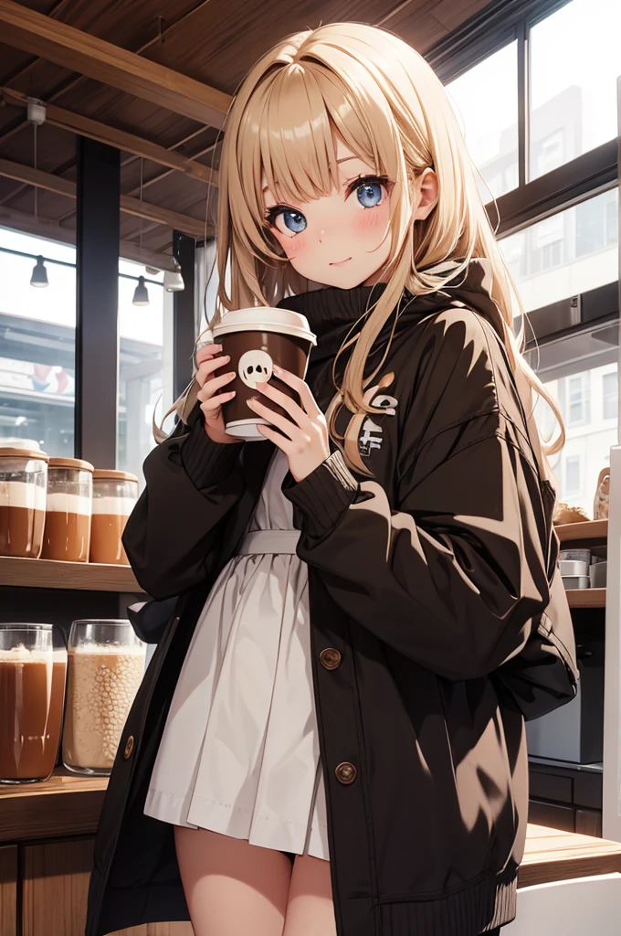 a cute girl in cute oversized outfit  give cute aesthetic pose with one cup coffee 