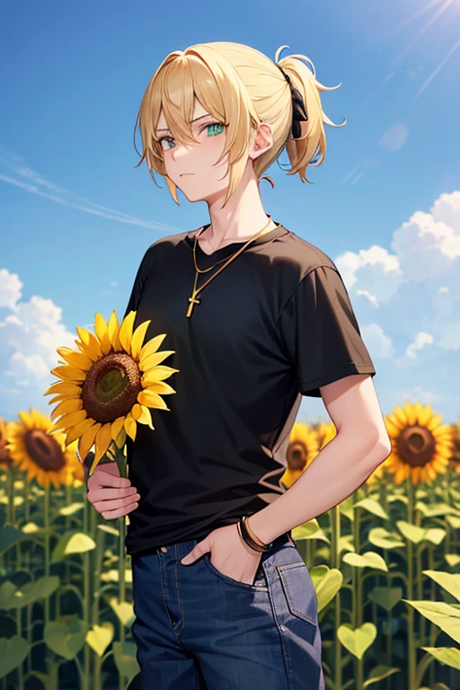 Anime boy, neutral expression, with blonde hair tied up in short ponytail, green eyes, black T-shirt, blue jeans, gold cross necklace, standing in a tall sunflower field, holding sunflower in hands