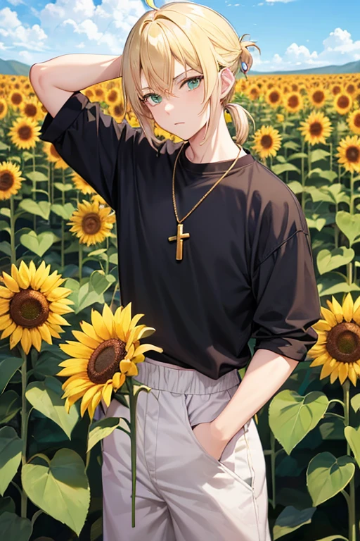 Anime boy, neutral expression, with blonde hair tied up in short ponytail, green eyes, black T-shirt, blue jeans, gold cross necklace, standing in a tall sunflower field, holding sunflower in hands