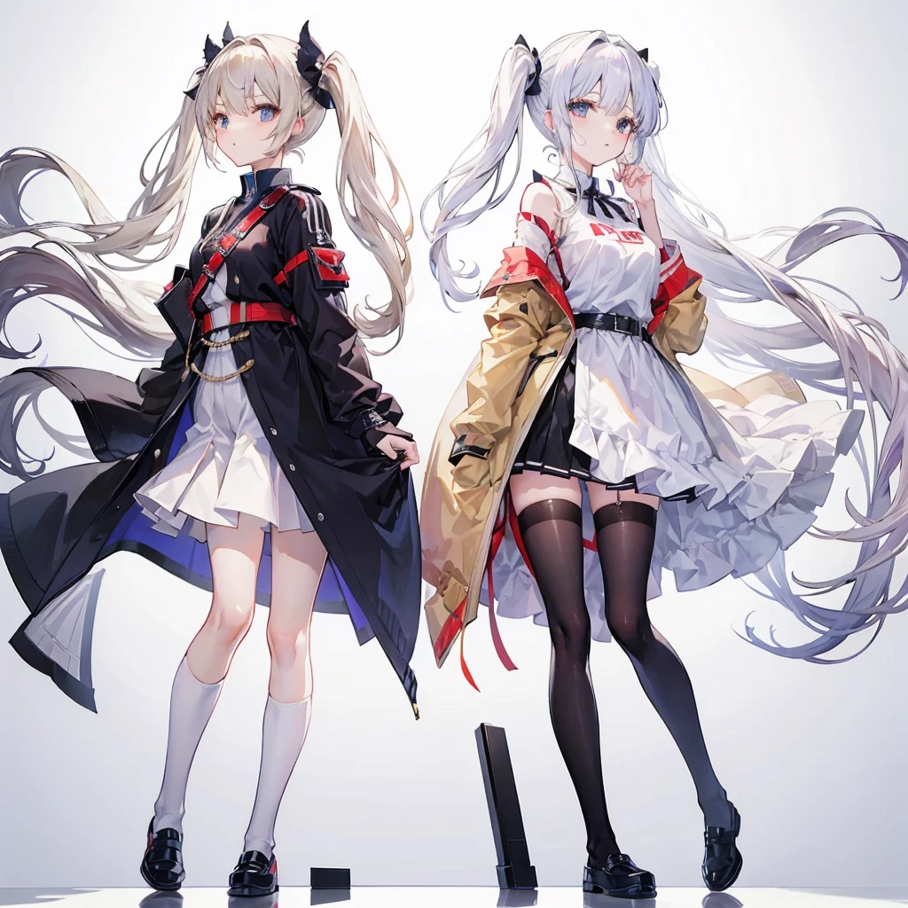 Full body, standing back to back, two girls around 20 years old, beige hair, white hair, twin tails, long hair, white background