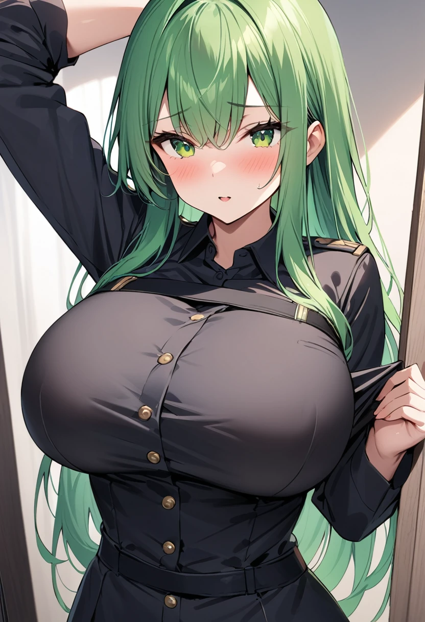 masterpiece、Highest quality、Best image quality、High resolution、Big Breasts、Green Hair、Green Eyes、Long Hair、Black Uniform、Unbranded uniform