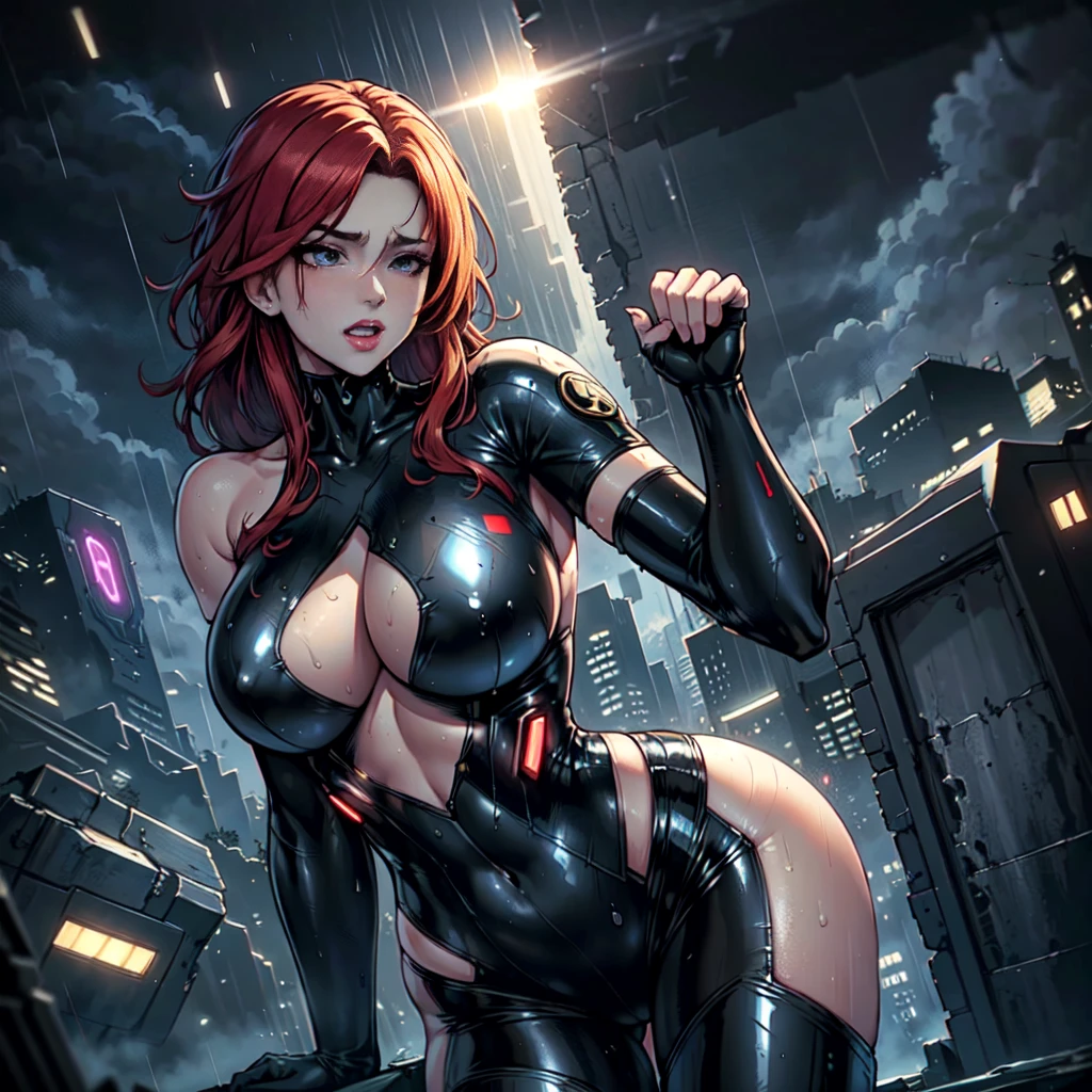 Create Cyberpunk: Edgerunners in an intense and evocative anime style. The scene shows a woman with long, wavy red hair, sky blue eyes shining brightly from the light in them and emphasizing her pose, expressing rage in loneliness. Her tight matte black leather suit accentuated the curves of her sexy, athletic, daring, extremely attractive body with perfect anatomy. The atmosphere is a dystopian city at night in contrasts of blue and black under heavy rain that falls on her, wetting her face and body, evoking mystery in the intense atmosphere, balancing every detail.