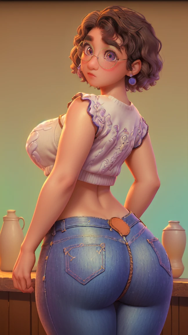 mirabel madrigal, glasses, SMILE, ((sleeveless sweater)), market bottom, (((cowboy jeans))), (((Brown leather))), (((baseball cup))), detailed skin, perfect legs, perfect thighs, (((curvy body))), ???????????, ((((take ???????????, backwards, showing the ???))))