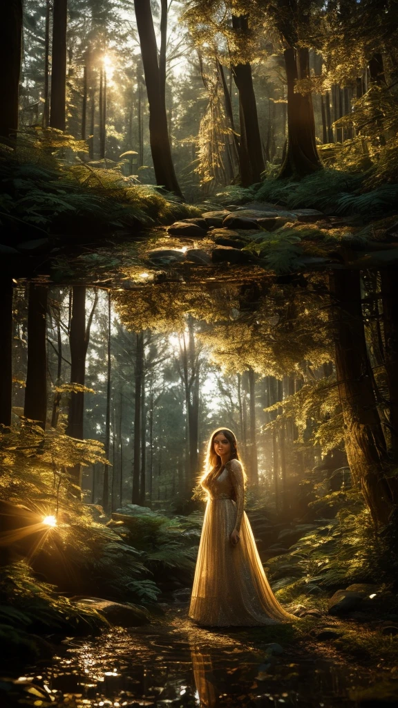 a beautiful light-filled forest entrance at dusk, detailed and realistic, 1girl, beautiful detailed eyes, beautiful detailed lips, extremely detailed face and hair, detailed dress, detailed forest environment, detailed lighting, dramatic lighting, volumetric lighting, glowing light, warm colors, golden hour, photorealistic, 8k, hyper detailed, cinematic, masterpiece