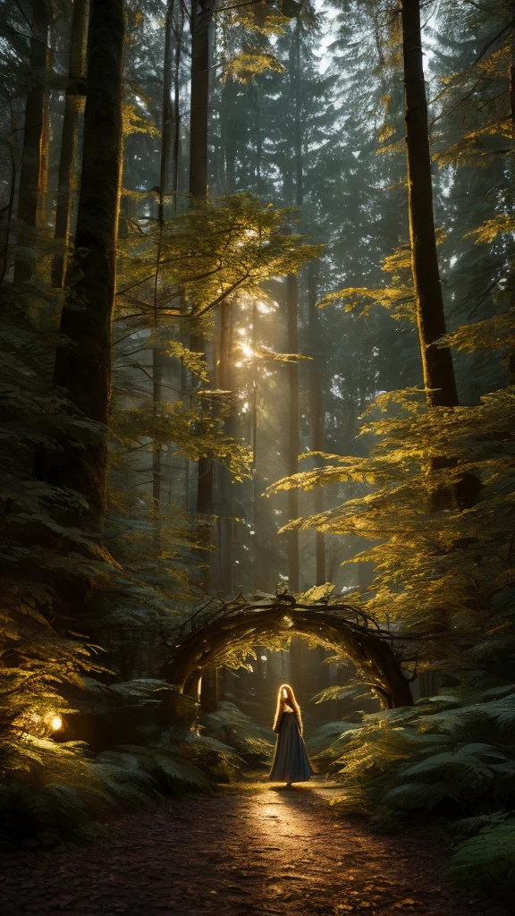 a beautiful light-filled forest entrance at dusk, detailed and realistic, 1girl, beautiful detailed eyes, beautiful detailed lips, extremely detailed face and hair, detailed dress, detailed forest environment, detailed lighting, dramatic lighting, volumetric lighting, glowing light, warm colors, golden hour, photorealistic, 8k, hyper detailed, cinematic, masterpiece