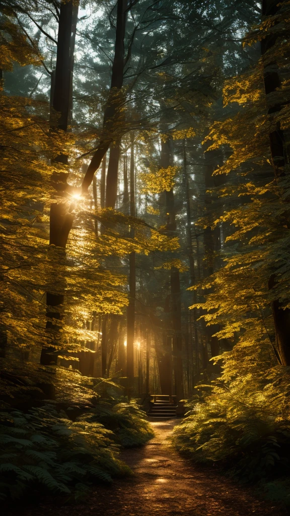 a beautiful light-filled forest entrance at dusk, detailed and realistic, 1girl, beautiful detailed eyes, beautiful detailed lips, extremely detailed face and hair, detailed dress, detailed forest environment, detailed lighting, dramatic lighting, volumetric lighting, glowing light, warm colors, golden hour, photorealistic, 8k, hyper detailed, cinematic, masterpiece