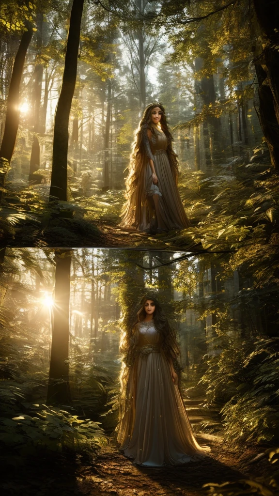 a beautiful light-filled forest entrance at dusk, detailed and realistic, 1girl, beautiful detailed eyes, beautiful detailed lips, extremely detailed face and hair, detailed dress, detailed forest environment, detailed lighting, dramatic lighting, volumetric lighting, glowing light, warm colors, golden hour, photorealistic, 8k, hyper detailed, cinematic, masterpiece