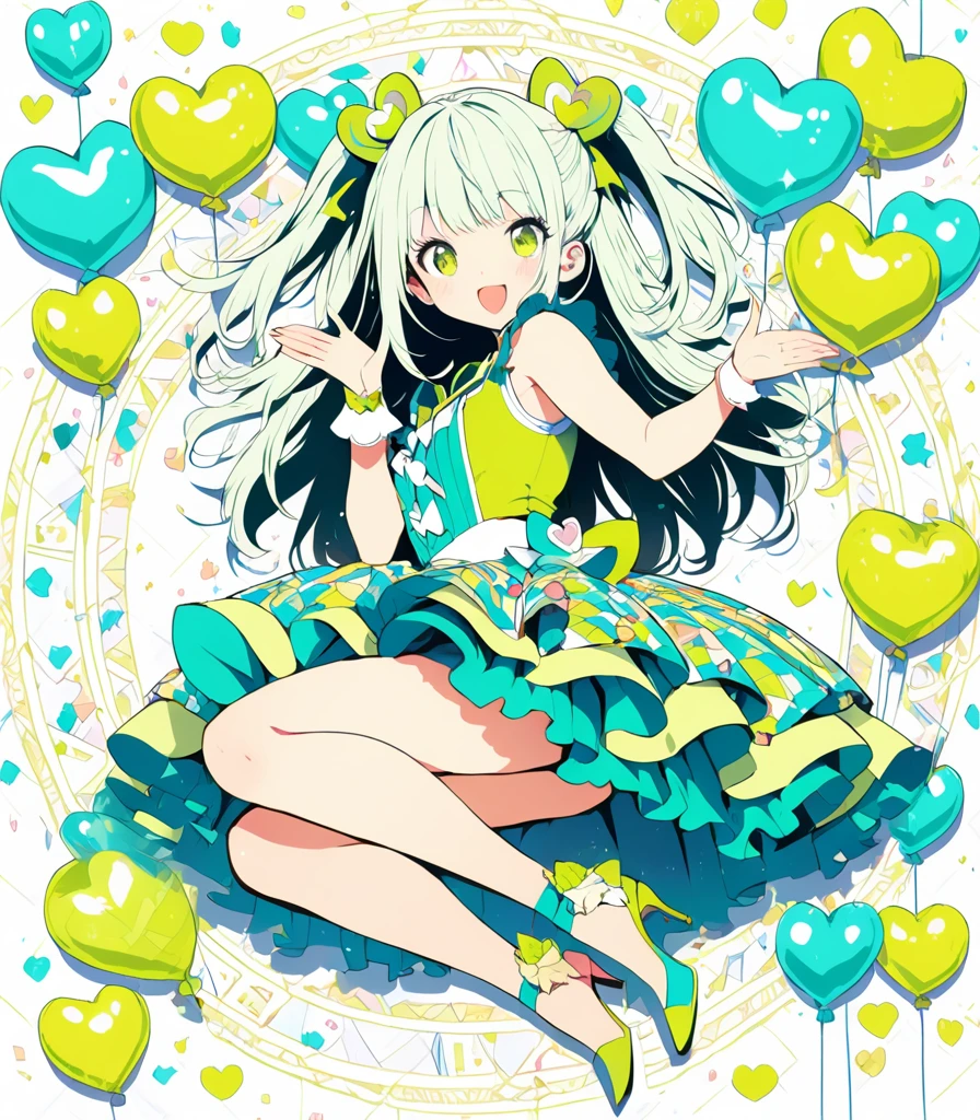 extremely detailed 8K CG, ultra-detailed:1.3, ultra delicate and detailed face:1.3, (absurdres, texture, masterpiece), pixiv contest winner, by Posuka Demizu, from side, turning the face and body to the right, full body, Dynamic manga-style illustration of magical girl looking to the right side and throwing kisses with cutely winking, cute expression, The world is full of pop, kitsch, and cuteness, with a yellow and blue-green color scheme, She wears a heart-patterned balloon skirt and a glass She's wearing stiletto heels. zentangle magic circle background,