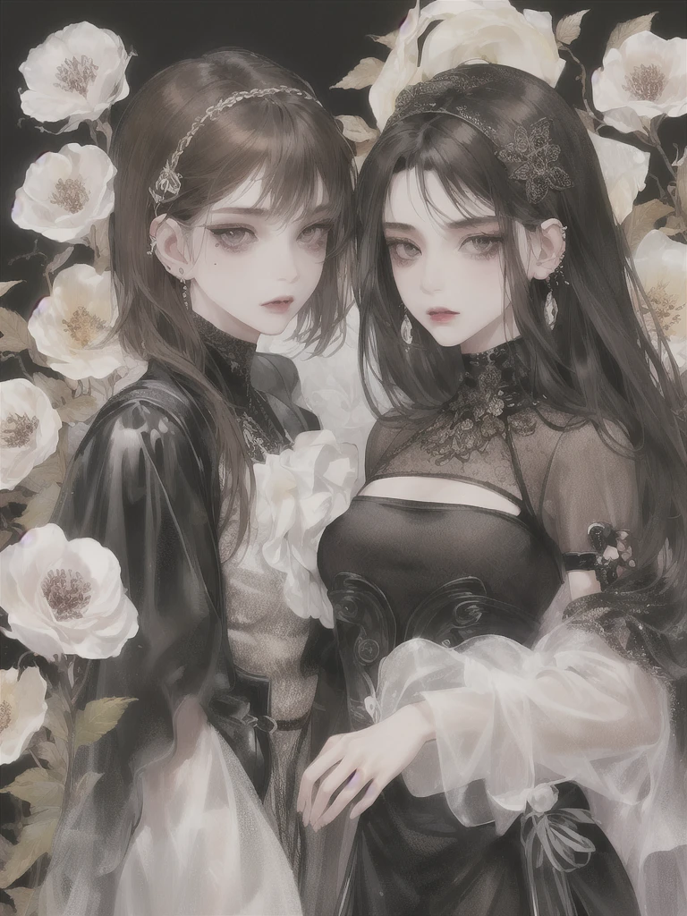 modern basic, (((women))), 1 girl, punk, ear piercings, moles on face, mole under the eye, mole on cheeks, face and defined face, details, flores, black background similar to stained glass, long brown hair, hazel eyes, Women, punk, Goth, Art Nouveau, vampires, serene expression, mystical air
