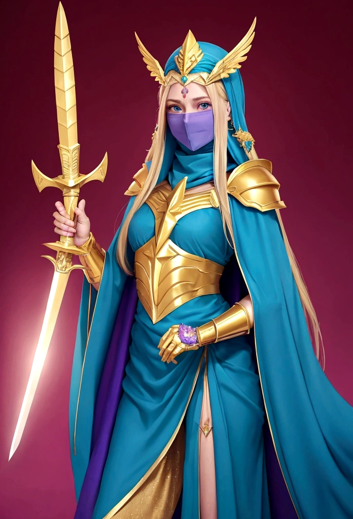 She-Ra has a winged tiara and a blue turban headdress,She was wearing a short green dress decorated with metallic patterns.,And a red cape,Golden boots,and long golden wrist guards that extend from the elbow to the wrist。Long blond hair,blue eyes and red lips。 She carries a sword,A purple veil with crystals in the middle covers her face