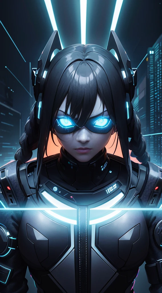 Cyberpunk style, IA avatar, cyberspace, wireframe, matrix, tron, minimal, abstract, virtual reality, black background, neon lights, virtual interface, looking at camera, (ebony), dreads, sexy, thic
